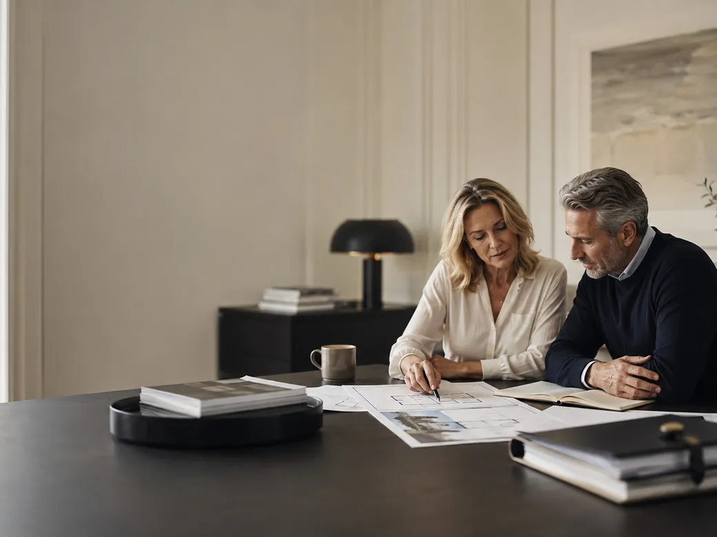 Couple reviewing property-planning documents together