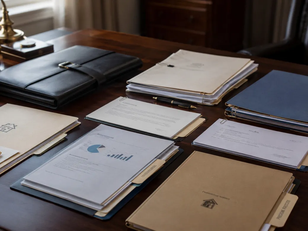 Organized trust, property, and account records arranged on a desk