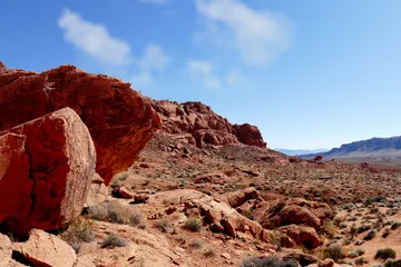 Red sandstone formations and desert basin at Valley of Fire State Park in Nevada