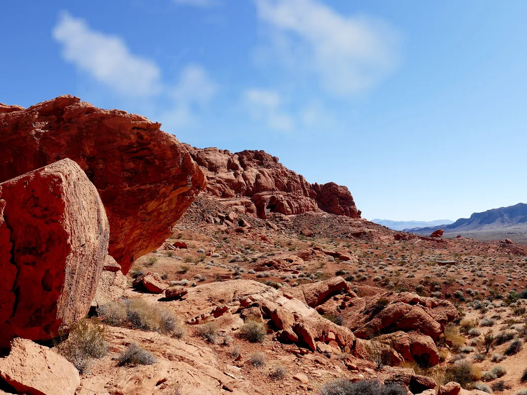 Red sandstone formations and desert basin at Valley of Fire State Park in Nevada